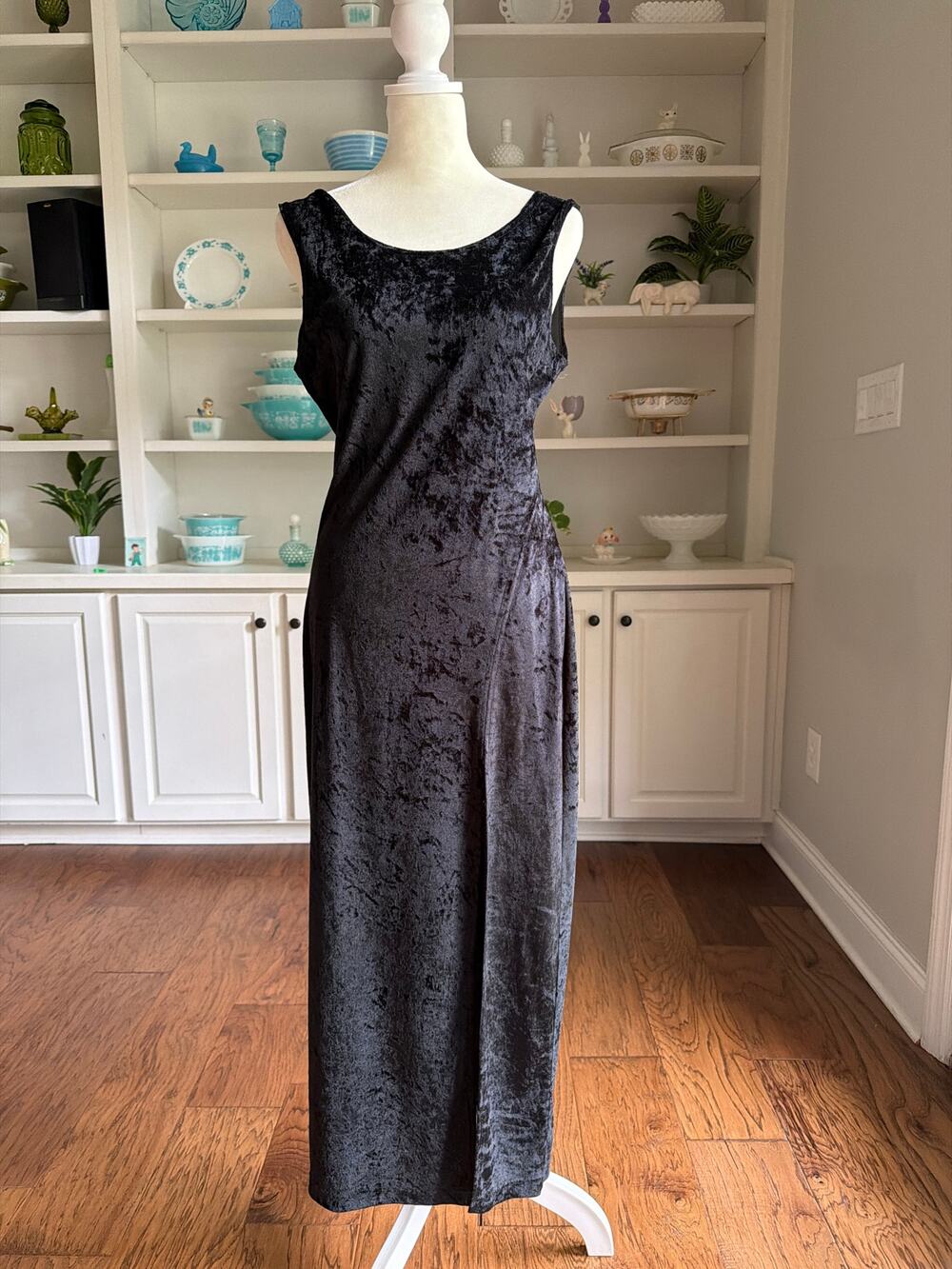 Vintage 90s Black Crushed Velvet- Style Form Fitting High Slit Solid Black Dress